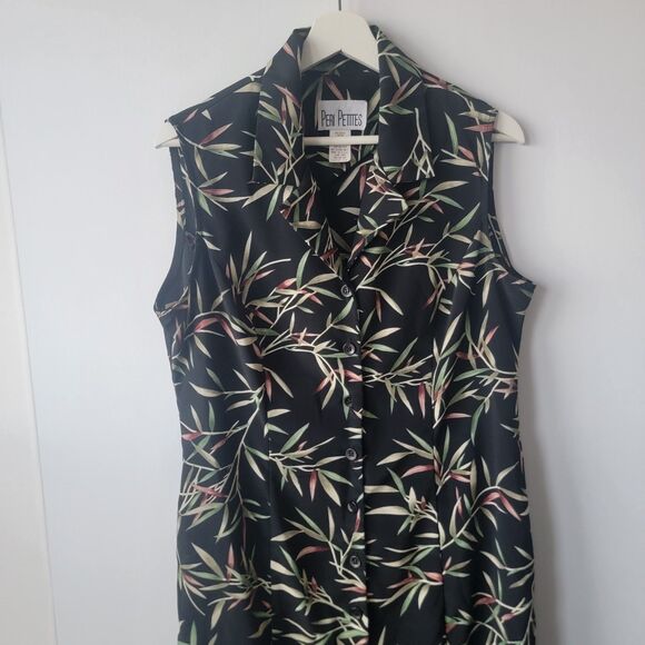 PERI PETITES women's leaf print dress sz 14 maxi sleeveless button front slit - Picture 3 of 7